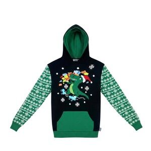 Funzitez Dinosaur Christmas‎ Hoodie Unisex M Green Black Ugly Sweater Holiday